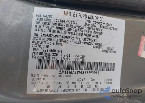 2003 Mercury Grand Marquis Ls из США, поврежденный, VIN 2MEFM75W43X695592